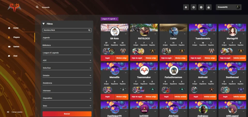 Filtros de búsqueda de jugadores en Teamsmaker con League of Legends, rol ADC y modalidad Solo/Duo seleccionados